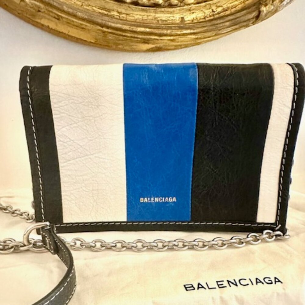 BALENCIAGA BAZAR Stripe Crossbody Shoulder Bag on Chain Blue Black White Leather - Picture 2 of 16